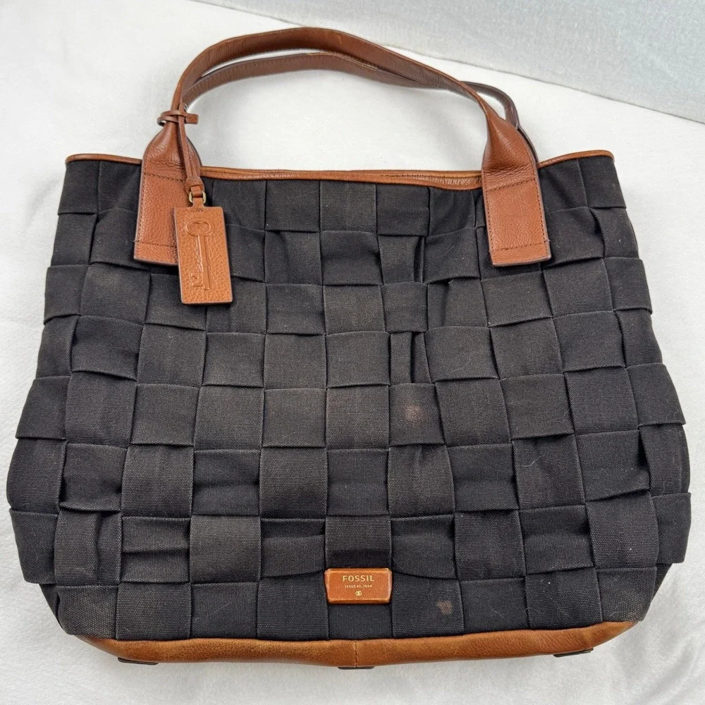 Fossil Woven Canvas Tote Bag Black Brown Leather Trim Shoulder Bag Key Fob